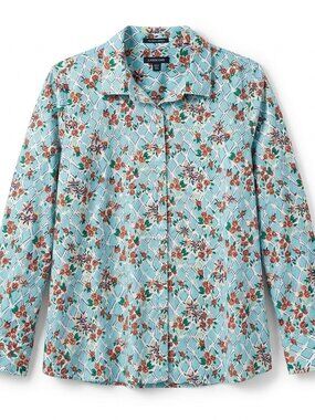 Lands End No Iron Supima Cotton Blouse Shirt 26W Plus Size Blue Floral Lattice